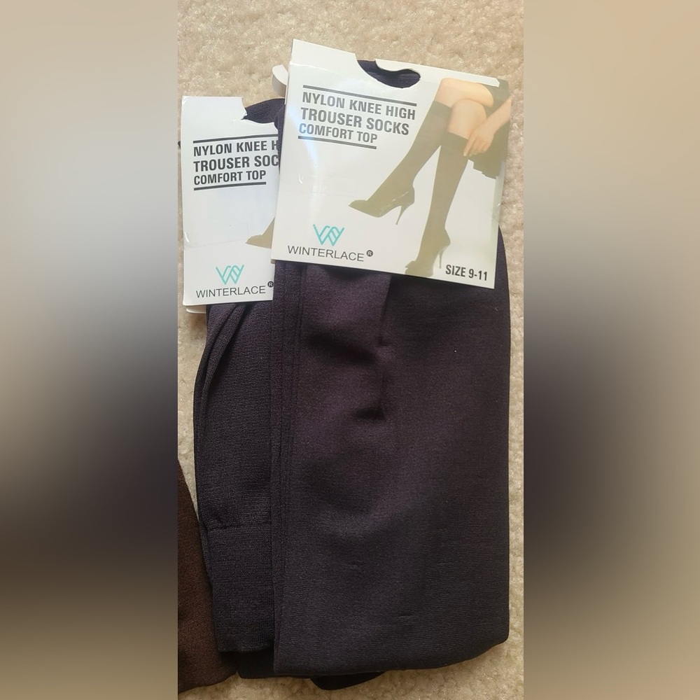 9 pair Women's Nylon Knee High Trouser Socks - Black, Brown & charcoal Gray - Picture 3 of 5
